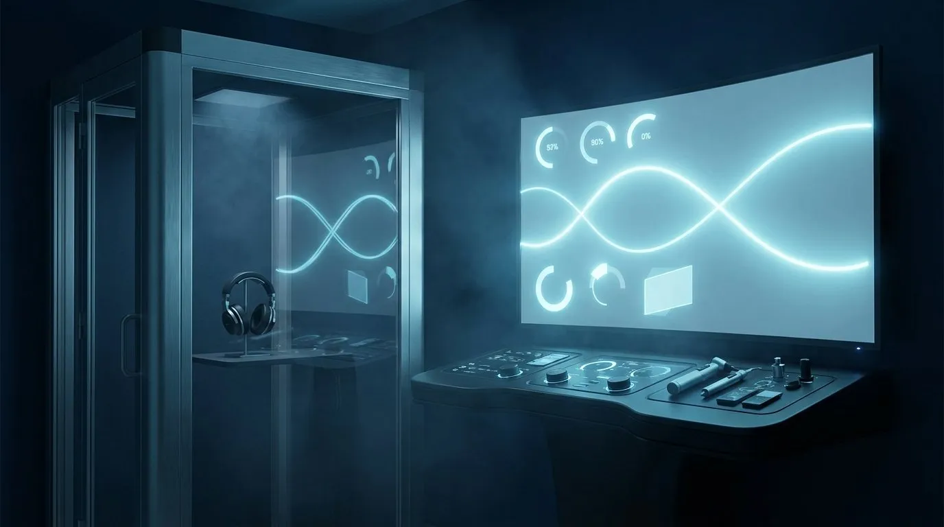 Cabina audiometrica insonorizzata e console con curve di discriminazione vocale — Esame Vocale NPA, misurazione obiettiva della comprensione del parlato