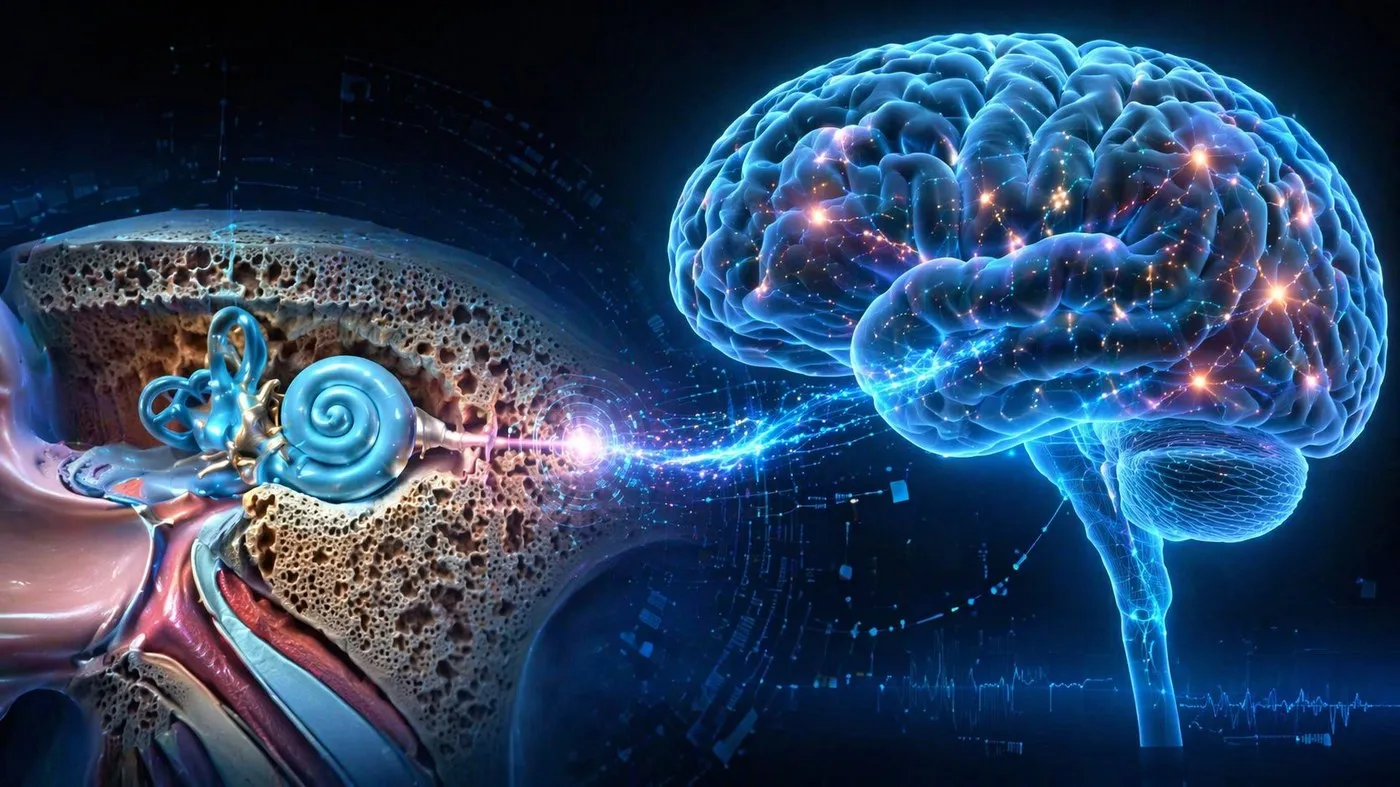 Via auditiva futuristica: orecchio interno con coclea e ossicini, nervo acustico, segnale luminoso verso l'Area Uditiva Primaria del cervello
